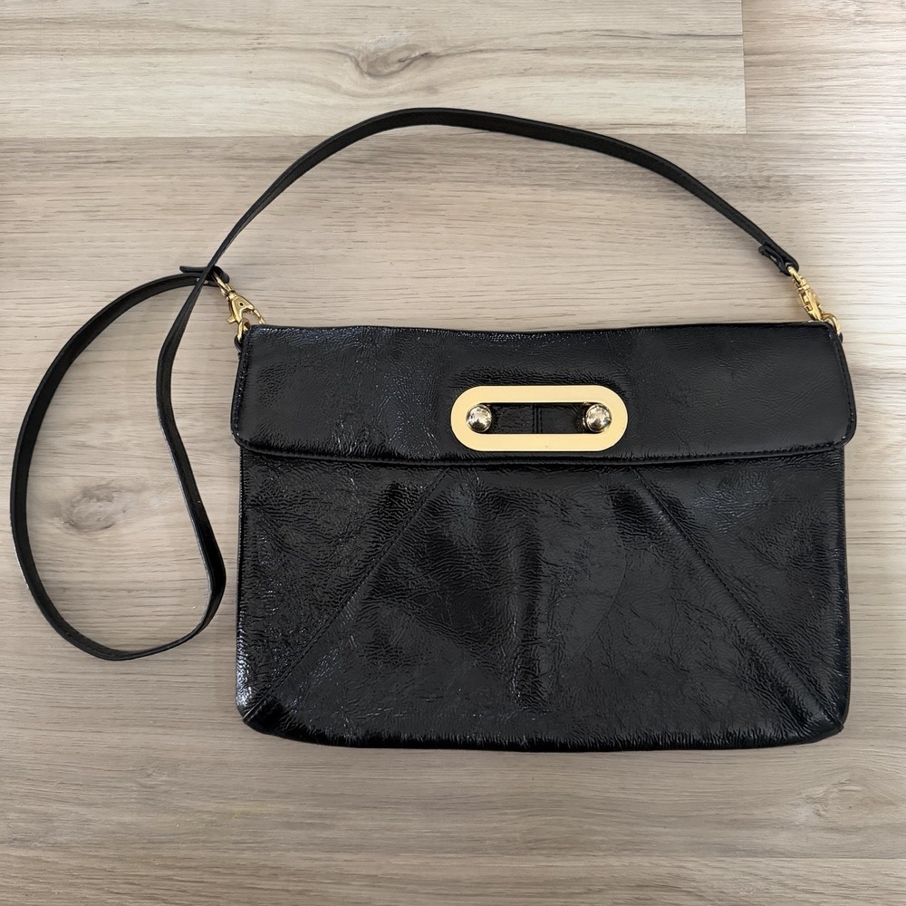 Vintage HOBO International Black Patent Leather Clutch Bag Purse Shoulder Strap